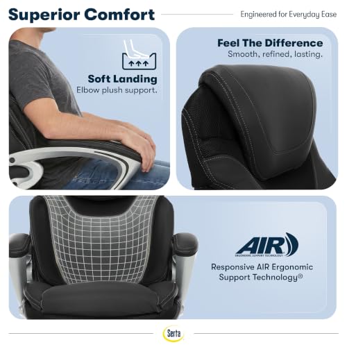 Image of Serta Bryce Executive Office Chair - Ergonomic Computer DeskChair with Lumbar Technology - Adjustable Height - Memory Foam Body Pillows - 360 Swivel Rolling Base - Bonded Leather - Black