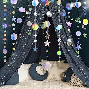 Image of Iridescent Party Star Circle Dot Decoration Iridescent Hanging Garland Streamer Decorations Glitter Star Bunting Banner Twinkle Backdrop for Engagement Wedding Baby Shower Birthday Xmas