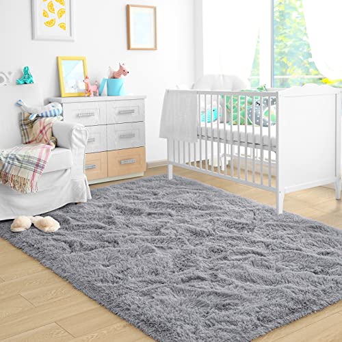 Ultra Soft Grey Rugs For Bedroom 4X6 Feet, Fluffy Shag Area Rugs For Living Room, Large Comfy Furry Rug For Boys Kids Baby Room Decor, Non Slip Nursery Rug Modern Indoor Fuzzy Floor Carpet #TOP5