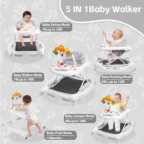 Image of Baby Walker, 5 in 1 Baby Walkers for Boys Girls 6-12 Months, Foldable Walkers for Babies with Bouncer & Feeding Tray, Music, Adjustable Heights, Activity Walker for Infant