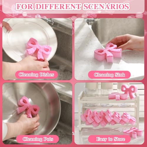 Image of Tioncy 12 Pack Kitchen Sponges Bulk Dual Sided Scrubber Sponges Dishwashing Kitchen Cleaning Accessories for Dishes Pots Pans Cute Household Supplies(Classic Bow)