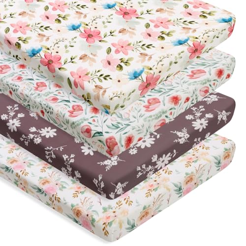 Image of 4 Pack Baby Girl Pack N Play Mini Crib Sheets Set Soft Fitted Floral Theme Baby Girl Mattress Covers Breathable Toddler Bed Sheets for Infant or Newborn(Flower, Pack N Play Mini Crib Sheets)