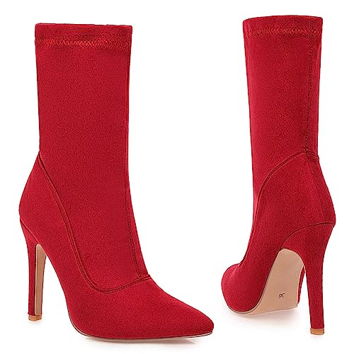 Bottines talons aiguilles stretch et confortables à bout pointu rouge - 3