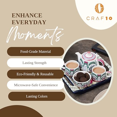 Image of CRAF10 Ceramic Handcrafted Flora and Fauna Small Tea Set - 1 Kettle (350 ML), 2 Cups (160 ML), 1 Bowl (for Sugar or Snacks), 1 Tray | Microwave & Dishwasher Safe | Teapot | Gifting Option