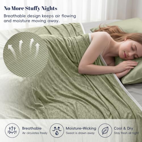 Image of PHF Cooling Blanket Throw XL Size 50 inchx70 inch, Double-Sided Cooling Throw for Hot Sleepers (Q-Max 0.46+), Lightweight Breathable Summer Blanket for Couch, Sofa, and Travel, Oil Green