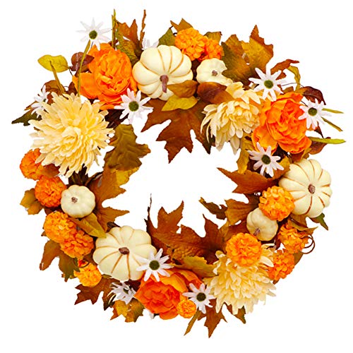 Fall Wreath For Front Door Outside, Artificial Autumn Door Wreath With Maple Leaves For Wall & Window, Pumpkin Wreath With Flowers For Harvest Thanksgiving Halloween Indoor Outdoor Home Decor #TOP1