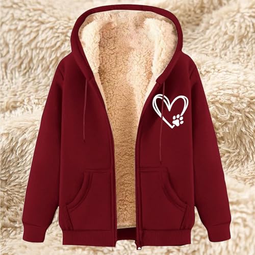 Ybing Sweatjacke Damen Herz Hundepfoten Winterjacke Elegant Sweatshirt mit Kapuze Warme Gefütterte Fleecejacke Reißverschluss Hoodie Jacke Casual Wintermantel Bequem Sportjacke