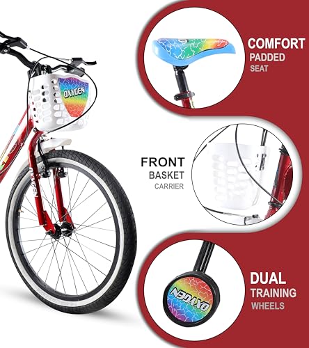 Image of OXYGEN Trio 20T Kids Bicycle for Boys & Girls 5-10 Years, 20 Inch Single Speed Cycle with Training Wheels, Basket, Rear Carrier, High Tensile Steel Frame, Front & Rear Brakes, Red, Semi-Assembled