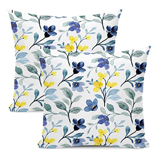 Aeioae Floral Watercolor Sage Green Pillow Covers 20X20 Set Of 2 Yellow And Blue Throw Pillow Cotton Square Outdoor Farmhouse Flowers Leaves Cushion Cover Decor For Home Living Room Bedroom Sofa #TOP20