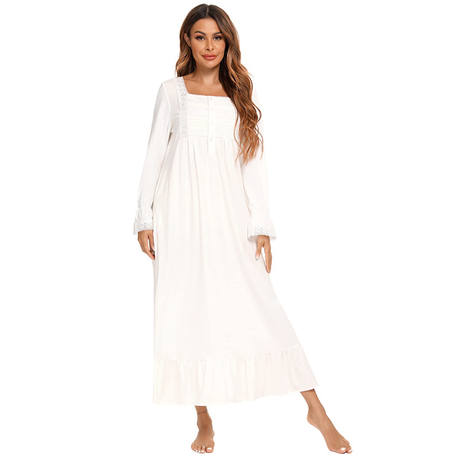 Verve Jelly Chemise de nuit vintage victorienne à manches longues pour femme, robe pyjama légère et douce