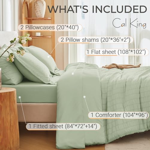 MUXHOMO 7 Pieces California King Comforter Set, Seersucker Bed in a Bag Cal King Size, All Season Luxury Bedding Set with Comforter, Flat Sheet, Fitted Sheet, Pillowcases & Shams, Light Green