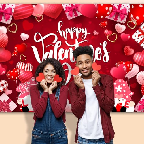 Image of Valentine's Day Backdrop, 7x5FT Red Love Heart, Polyester, Valentine's Day Occasion, Includes 118Inch Rope