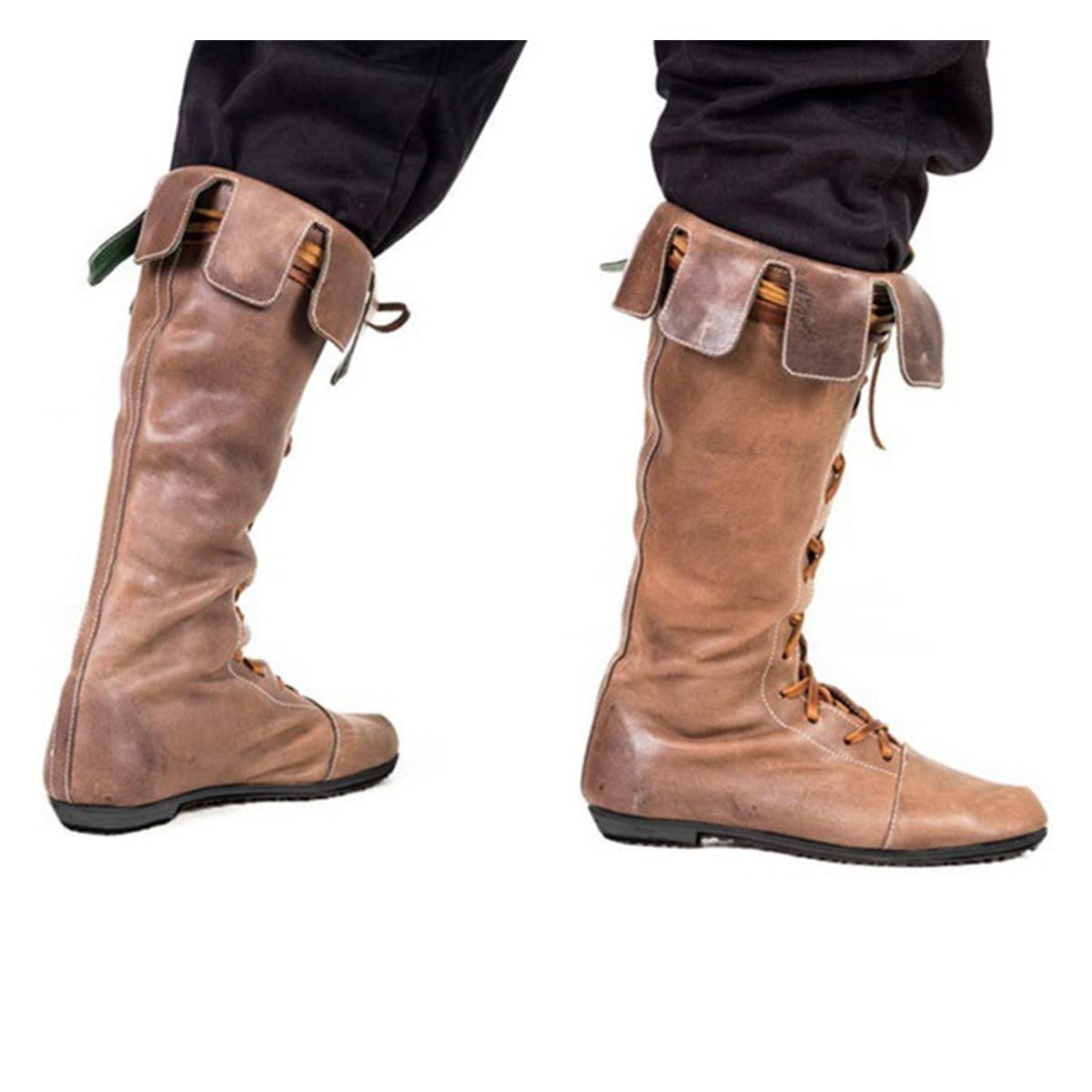 Middeleeuwse lange schacht laarzen, Renaissance Retro PU leer Lace Up schoenen, Viking piraat ridder schoenen Warrior Boot schoenen, voor Cosplay, Bruin,42