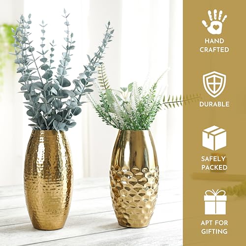 Image of Behoma Metal Hammered Vase for Home Decor | Decoratives for Indoor Outdoor Living Room Balcony |Golden Half Hammered & Full Hammered Oblong Shape (Flower not Included) (Set of 2)