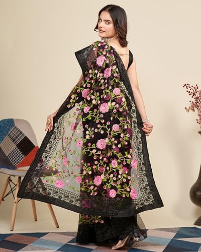 Image of VAIRAGEE Women's Beautiful Soft Net Embroidery Saree With Unstitched Blouse 6079
