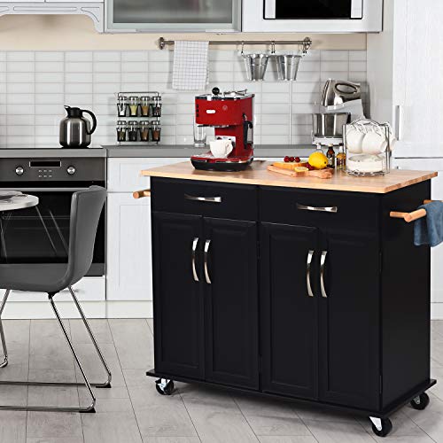 N / A Kitchen Island Cart Rolling Storage Trolley Cart Kitchen Island on Wheels with Storage, Cabinet, Towel Rack Lockable Wheels, Handle Rack Rubber Wood Top Black 48.2L x 18.5W x 35.4H