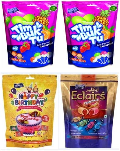 Derby Pack of 4 - Tim Buk Tu Mixed Fruit Lollipop (2 Pkt), Happy Birthday Mixed Fruit Candy (1 Pkt) and Assorted Eclairs (1 Pkt) / Birthday Party Pack/Return Gifts to Your Family & Friends