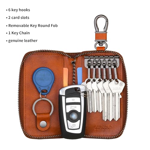 Leather Key Holder Case - Zippered Key Organizer Wallet, Cash Leather Case Wallet with 6 Hooks,1 Removable key ring& 1 Keychain for Card - Gift for Men Women (Brown)4