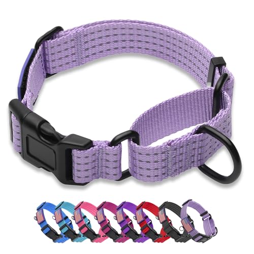 Image of Martingale Dog Collar Reflective NO Pull with USA Flag, Lavender, M | Escape Proof without choking,Adjustable Limited Slip Collar with Quick Release Buckle, Nylon Walking Collar for S M L Dogs