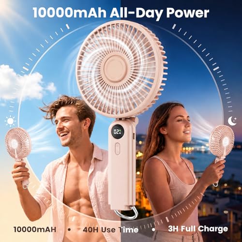 Image of Portable Handheld Fan, 10000mAh Rechargeable Personal Fan for 40H, 6-Inch Ultra Quiet Foldable Hand Fan, 5-Speed Gentle Airflow Battery Operated Fans for Travel Outdoor Lash Makeup Gifts for Women