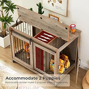Dog crate furniture with divider for 2 small to medium dogs wooden cage end table heavy duty indoor puppy kennel with removable divider and sliding door grey 39 37w25 2d28 94h   cucciolini doodles