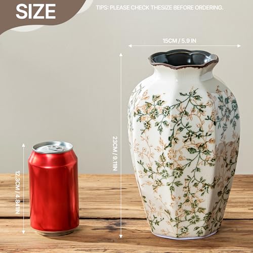 Image of Ceramic Flower Vase | Green Rustic Farmhouse Vase for Home Decor, Vintage Floral Pottery Tuscan Octagonal Vase for Living Room & Kitchen, Mantel & Bookshelf, Centerpieces, Entryway, Wedding(9.1 Inch)
