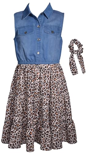 Bonnie Jean Girls Denim Dress - Sleeveless Denim and Leopard Print Dress for Girls with Matching Hair Tie