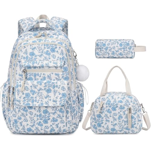 Bevalsa Backpack for Girls, 3PCS Corduroy Kids Backpack Set with Lunch Box & Pencil Pouch, Bookbag Daypack Laptop Bag for Women Teens Elementary Middle High School