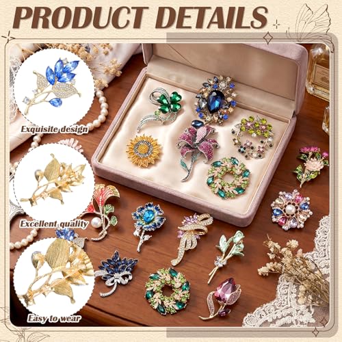 Image of Sasylvia 16 Pcs Women Brooch Set Rhinestone Vintage Animal Insect Plant Pins Brooches Bulk for Christmas Women Girls Gifts