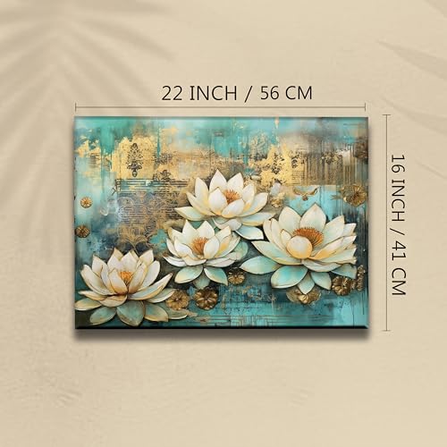 Image of PAINTINGMANTRA White Lotus Flower Canvas Wall Art Painting for wall decoration, Lotus floral Stretched Canvas Painting for living room, bedroom, Home and Office, 16x22 Inch