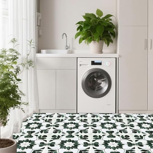 Image of Nuxovilar Peel and Stick Vinyl Floor Tiles, 11.8 inchx11.8 inch | Green Leaf Geometric Pattern, 10-Pack Self-Adhesive Flooring for DIY Upgrades