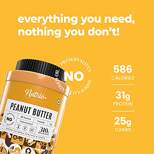 Image of Nutrio 100% Natural Peanut Butter Unsweetened 350gm (Crunchy) || Made with 100% Roasted Peanuts | No Added Sugar | No Added Salt | No Added Oils | Zero Cholesterol | Vegan (350 GM)