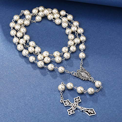Rnivida Catholic Pearl Beads Rosary Necklace Metal Beaded Miraculous Medal & Cross Rosary for Women3