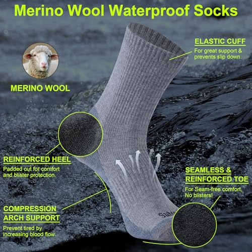 Merino Wool Waterproof Socks, Unisex Waterproof Hiking Socks Cushioned & Moisture Wicking Waterproof Socks, 1 Pair4