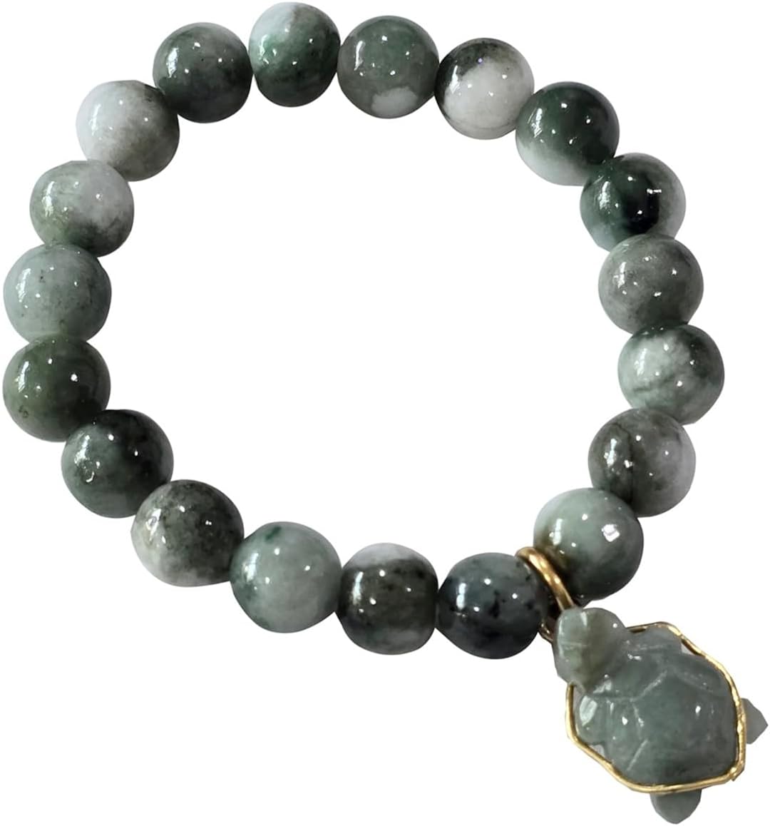 Natural Green Jade Bracelet 10mm Real Jade Beads with Turtle Charm, Feng Shui Protection Luck Wealth Bracelet, Spiritual Healing Stretch Bracelet Gift with Red Velvet Pouch
