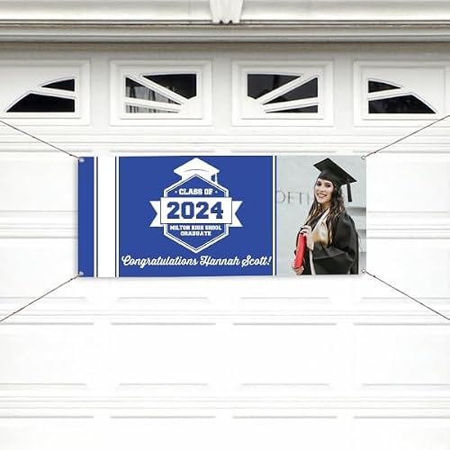 Personalization Universe Customizable Blue and White Class of 2024 Graduation Banner - Personalized with Text and Picture, Indoor/Outdoor Vinyl with Grommets, 20\"x48