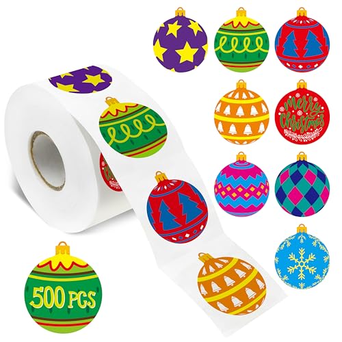 500 PCS Christmas Ball Stickers 8 Vibrant Designs Stickers Merry Christmas Winter Decoration for Xmas Display Envelope Seal Christmas Party Supplies Gifts Decors with Perforation line (1.5 Each)