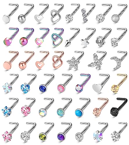 ONESING 36-44 Pcs 18G 20G Nose Rings Studs Nose Rings for Women Nose Piercings Jewelry Surgical Stainless Steel Nose Studs Moon Star Heart Butterfly Hypoallergenic Body Piercing Jewelry for Women Men