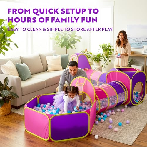 Image of Playz 5pc Kids' Play Tents & Tunnels - Ball Pit for Toddlers, Basketball Hoop, Crawling Tubes, Pop-Up Playhouses, Baby Obstacle Course for Indoor or Outdoor Use