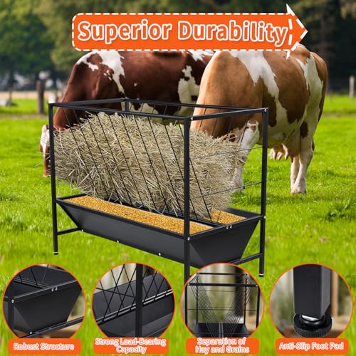 Yahpetes Pasture Hay Feeder 2 in 1 Goat Feeder 69 Gallon Capacity Livestock Rack 42.9''L X 20.5''W Hay Grain Livestock Feeder with V-Shaped Top Rack & Feed Pan for Sheep Farms Sheds by Yahpetes - Image 3