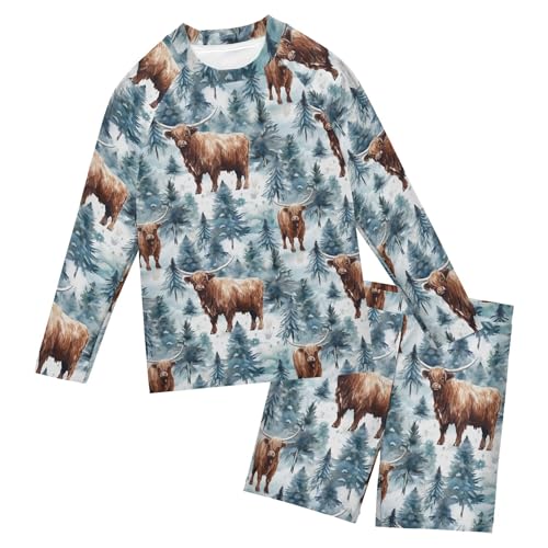 Highland Cow Animal Forest Toddlers and Baby Boys' Swimsuit Trunk and Rashguard Set B0403037