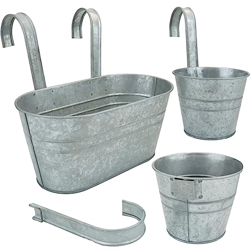 Megawodar 3 Pcs Metal Wall Hanging Planter Pots, Vintage Flower Pots for Railing Fence, Hanging Bucket Pots, Window Flower Plant Holder with Detachable Hooks Home Decor (Silver)