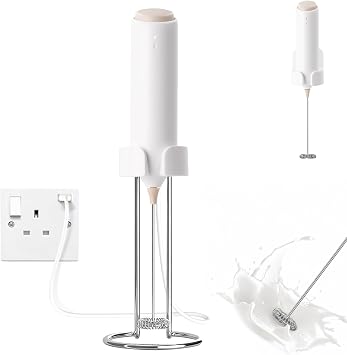 Rechargeable Milk Frother Handheld Foam Maker, Electric Whisk Drink Mixer for Coffee, Cappuccino, Latte, Matcha, Hot Chocolate, with Stand and Wall Mount, White