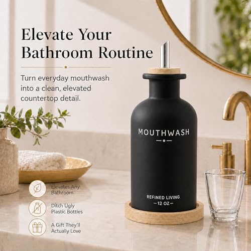 Image of Mouthwash Dispenser for Bathroom, 12 OZ Refillable Glass Mouthwash Bottle with Cup and Bamboo Tray, Decorative Mouth Wash Dispenser Set for Bathroom (Black)