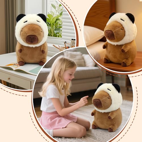 Image of Cute Capybara Plush Wear Panda Hat, Kawaii Soft Capybara Plushie Pillow, 14 inch Capybara Stuffed Animal Hugging Gifts for Kids Adults (Panda Capybara)