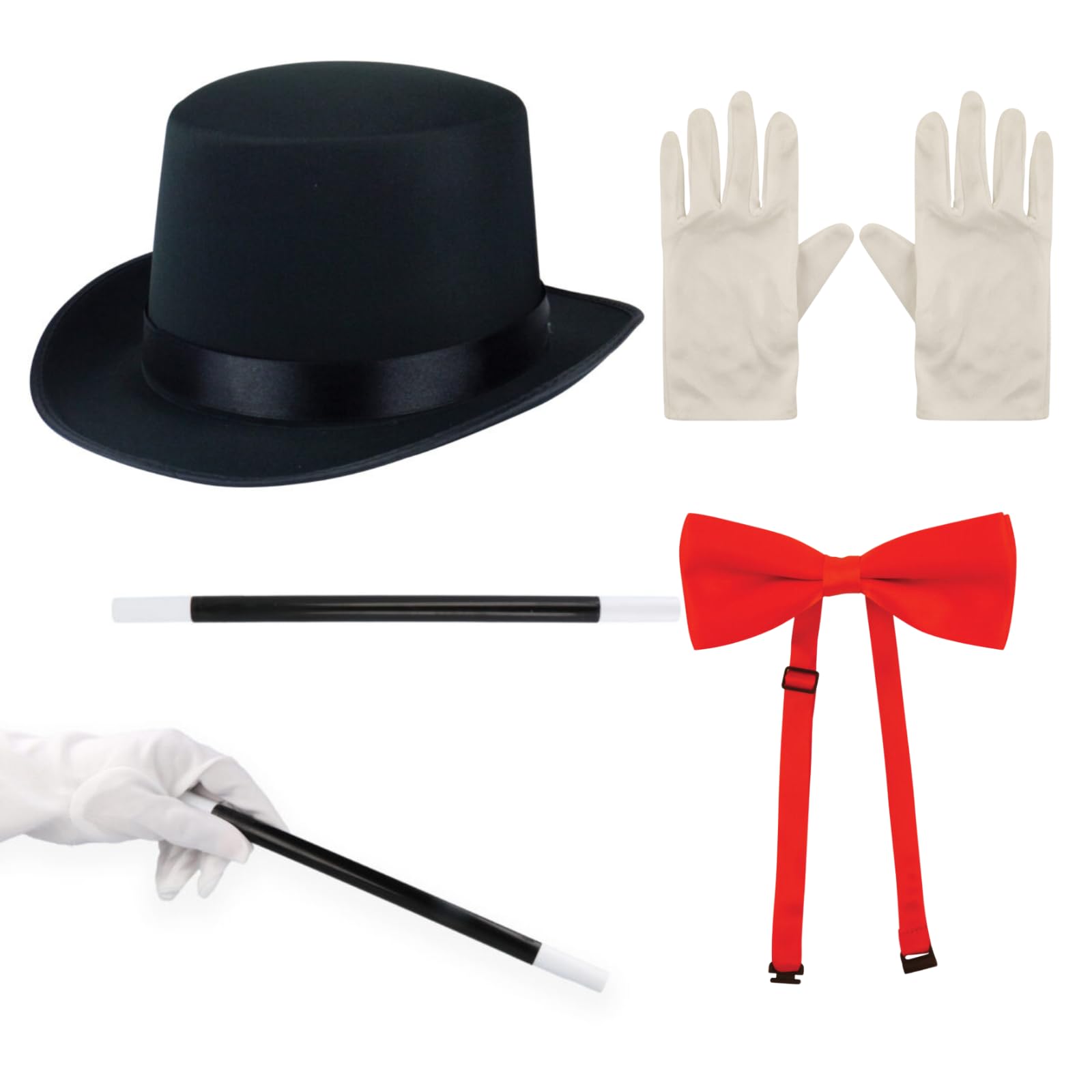 labreeze Classic Magician Costume Set – Black Top Hat, Red Bow Tie, White Gloves & Magic Wand – World Book Day & Fancy Dress