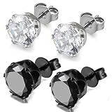 Oidea Bijoux Acier Inoxydable 2 Paires Boucles d'oreilles Incrustation d'Oxyde Zircon pour Homme et Femme Couleur Argent Noir (3mm)