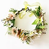 Women's Bohemian Fashion Flower Wreath Adjustable Grass Ring Crown Beach Party Floral Headpiece (Pink)