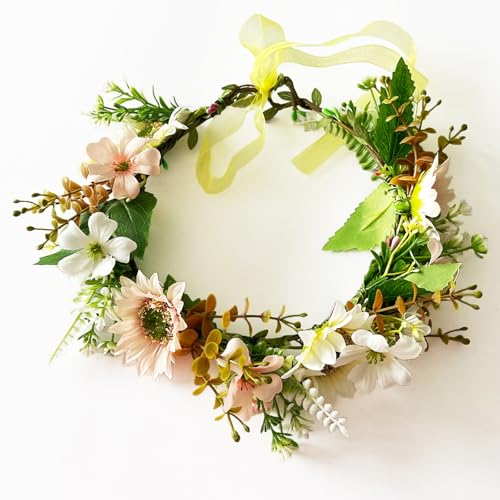 Women's Bohemian Fashion Flower Wreath Adjustable Grass Ring Crown Beach Party Floral Headpiece (Pink)
