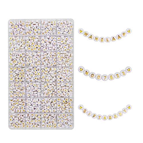 Image of 1450Pcs Acrylic 4x7mm Round Letter Beads Kits Alphabet A-Z (Extra for Vowel) and Gold Heart Number Beads for Bracelets Necklaces Jewelry Making (Gold and Numbers)
